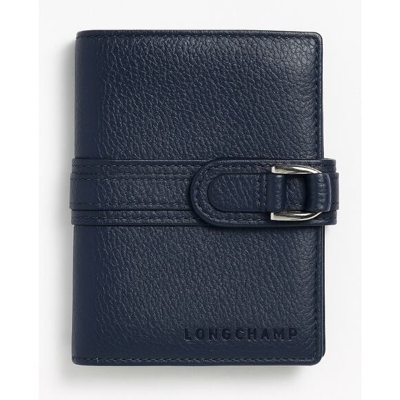 Vintage Longchamp Navy Blue Pebbled Leather Buckle trifold Wallet France - Picture 1 of 14